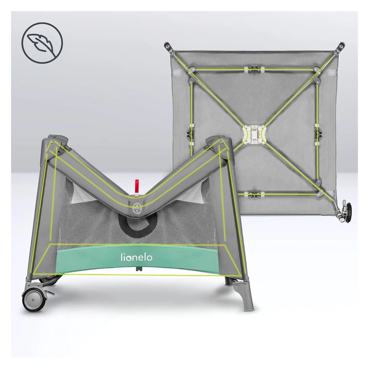 Tarc de joaca Mille, Pliabil, Include covor educational incorporat cu 4 jucarii Velcro si geanta de transport, Cu roti si inchidere laterala, Saltea din spuma, 100x100 cm Verde [23]