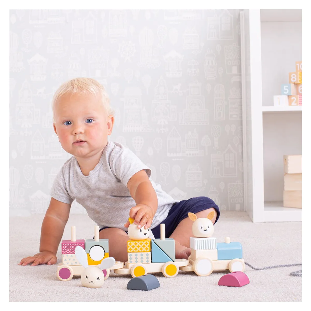 Trenulet cu forme Animalute vesele BIGJIGS din lemn [2]