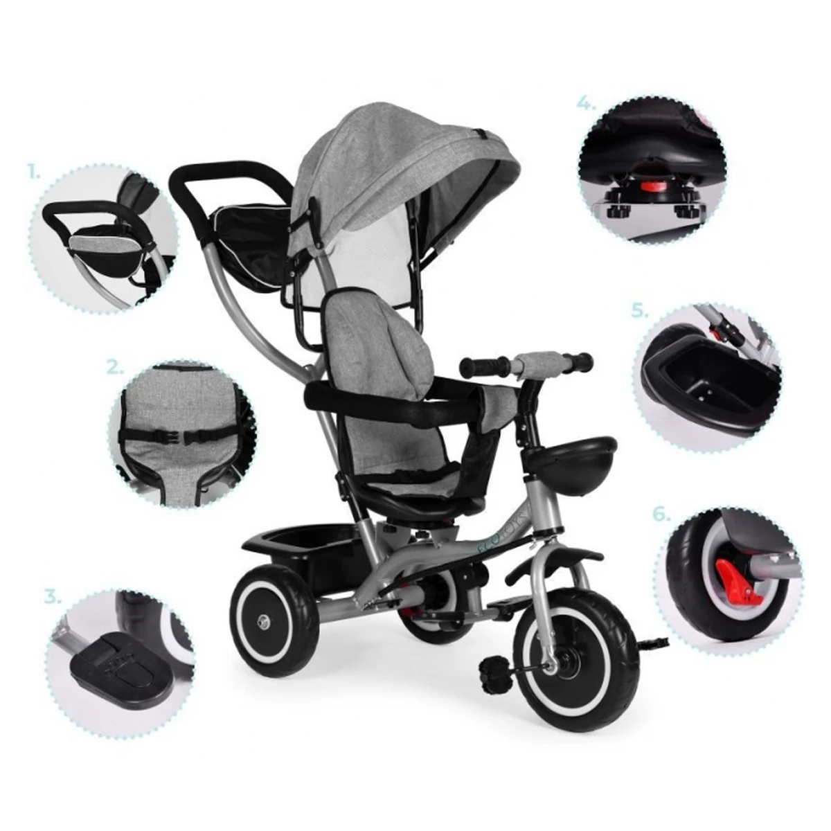 Tricicleta 2 in 1 copii Ecotoys WQL-066-52 Gri, scaun 360° [8]