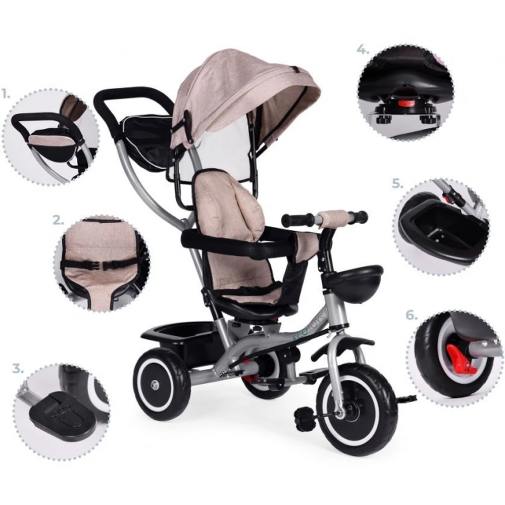 Tricicleta 2 in 1 pentru copii, scaun rotativ 360°, roti din spuma EVA, Ecotoys WQL-066-52 - Bej [8]