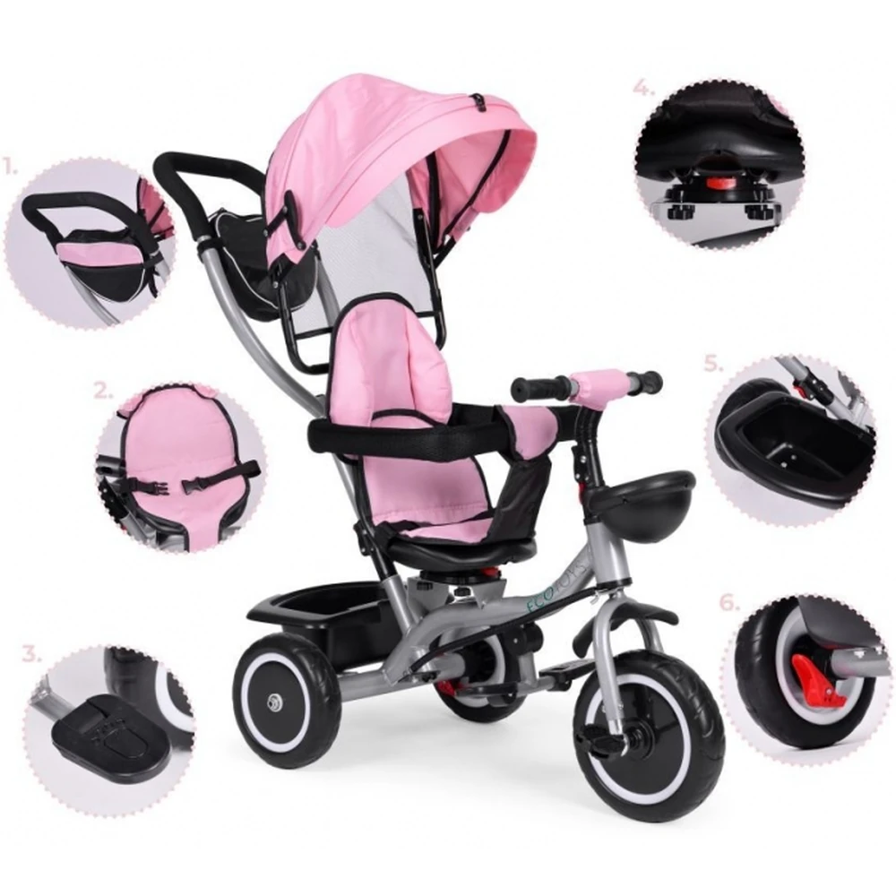 Tricicleta 2 in 1 pentru copii, scaun rotativ 360°, roti din spuma EVA, Ecotoys WQL-066-52 - Roz [8]