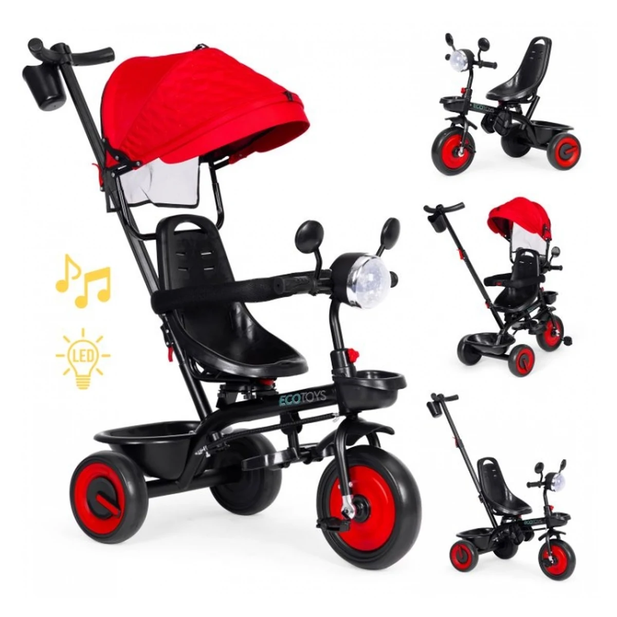 Tricicleta 3 in 1 copii Ecotoys WQL-066-51 – Rosu, scaun rotativ 360°, roti EVA [2]
