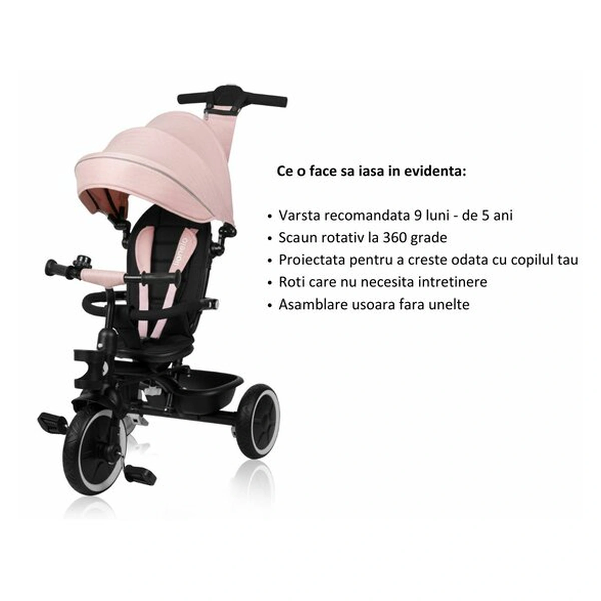 Tricicleta copii, Lionelo, Berry, 2 in 1, Multifunctionala, Scaun reversibil, Rotire 360 grade, Roz [35]