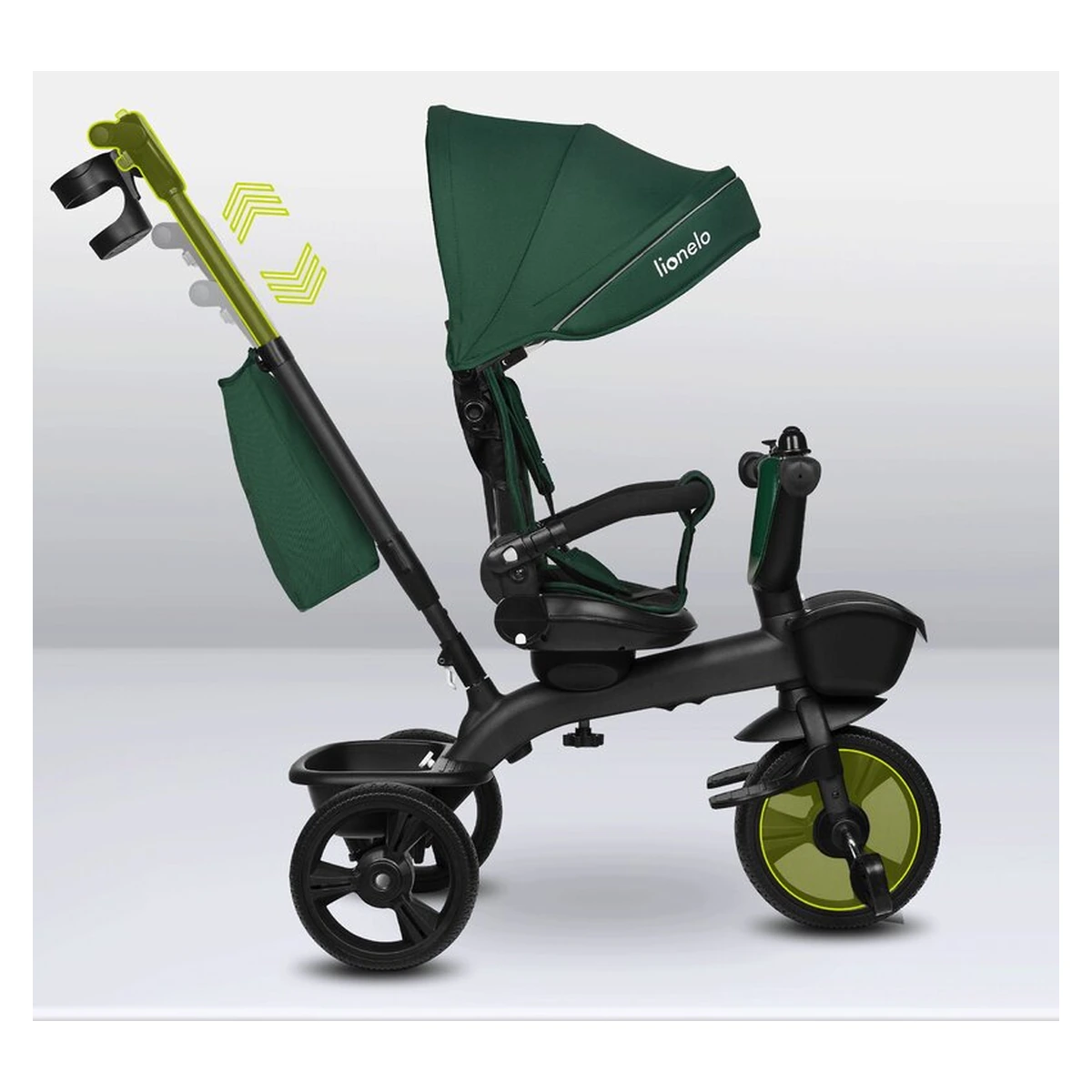 Tricicleta copii, Lionelo, Kori, Cu suport de picioare, Control al directiei, Scaun reversibil, Rotire 360 grade, Pliabila, Conform cu standardul european de securitate EN71, Verde [23]