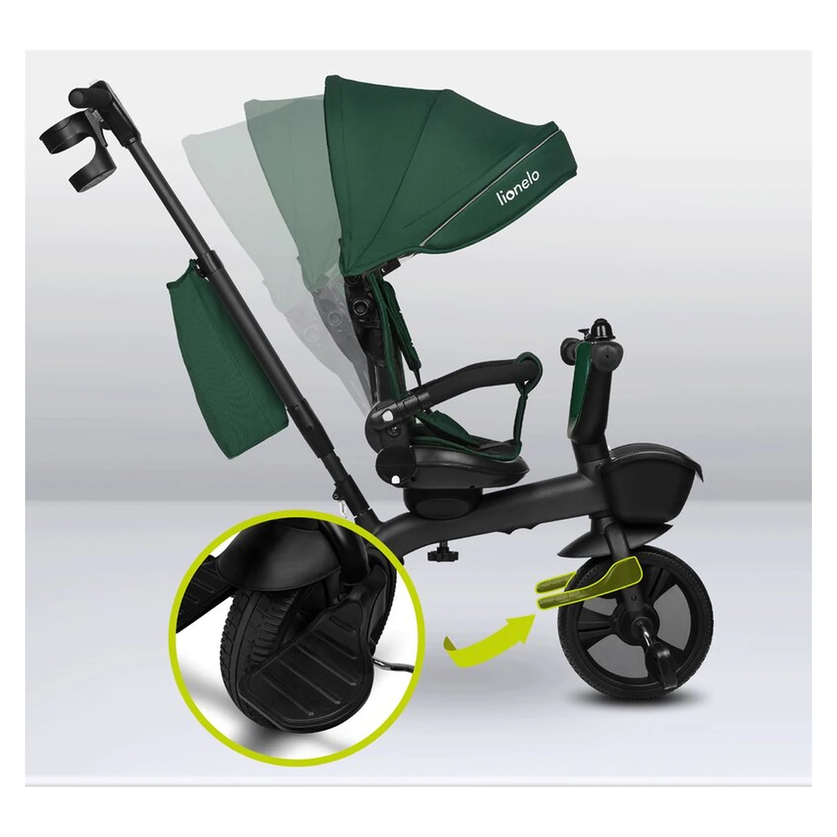 Tricicleta copii, Lionelo, Kori, Cu suport de picioare, Control al directiei, Scaun reversibil, Rotire 360 grade, Pliabila, Conform cu standardul european de securitate EN71, Verde [30]