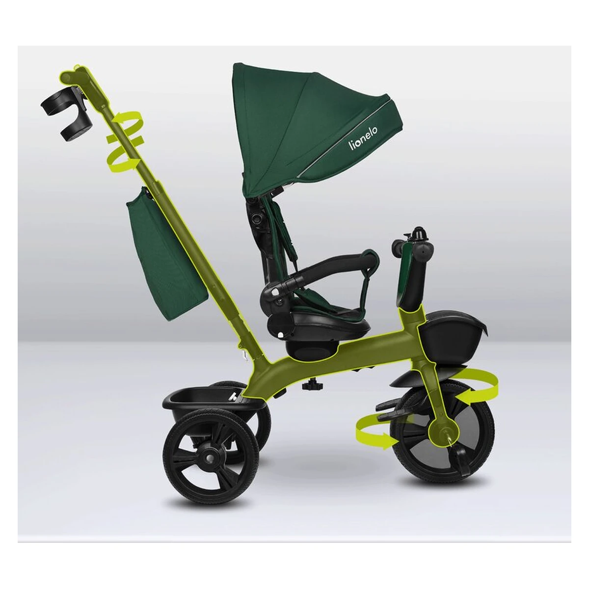 Tricicleta copii, Lionelo, Kori, Cu suport de picioare, Control al directiei, Scaun reversibil, Rotire 360 grade, Pliabila, Conform cu standardul european de securitate EN71, Verde [27]