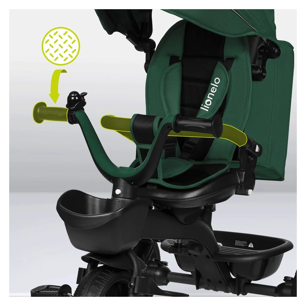 Tricicleta copii, Lionelo, Kori, Cu suport de picioare, Control al directiei, Scaun reversibil, Rotire 360 grade, Pliabila, Conform cu standardul european de securitate EN71, Verde [25]