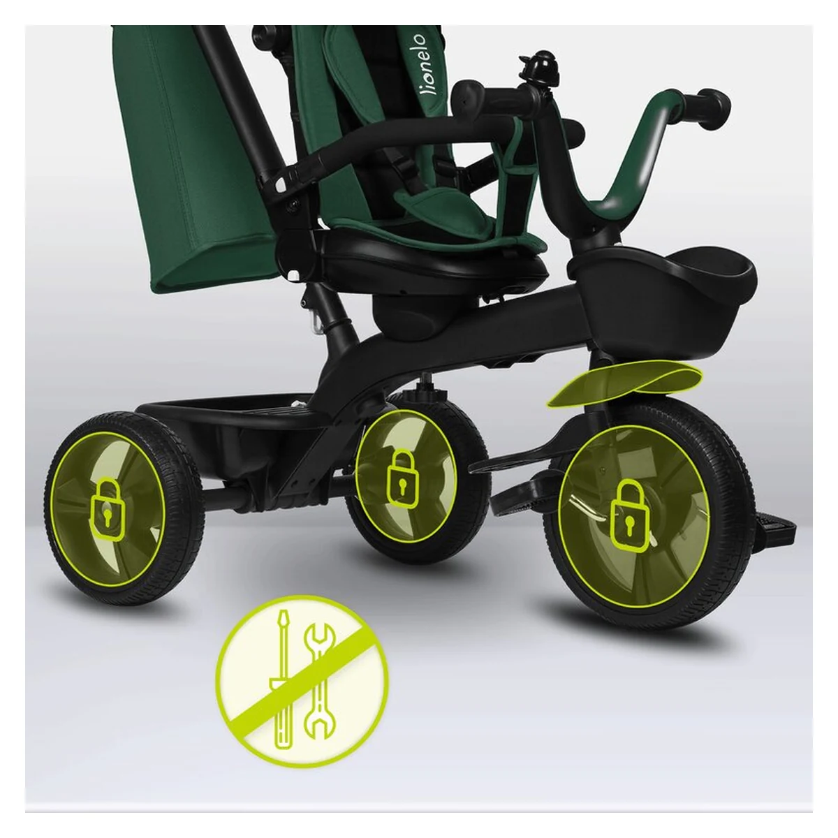 Tricicleta copii, Lionelo, Kori, Cu suport de picioare, Control al directiei, Scaun reversibil, Rotire 360 grade, Pliabila, Conform cu standardul european de securitate EN71, Verde [26]