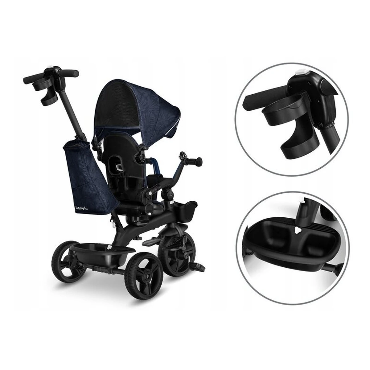 Lionelo - Tricicleta Kori, Cu suport de picioare, Control al directiei, Scaun reversibil, Rotire 360 grade, Pliabila, Conform cu standardul european de securitate EN71, Blue Navy [27]
