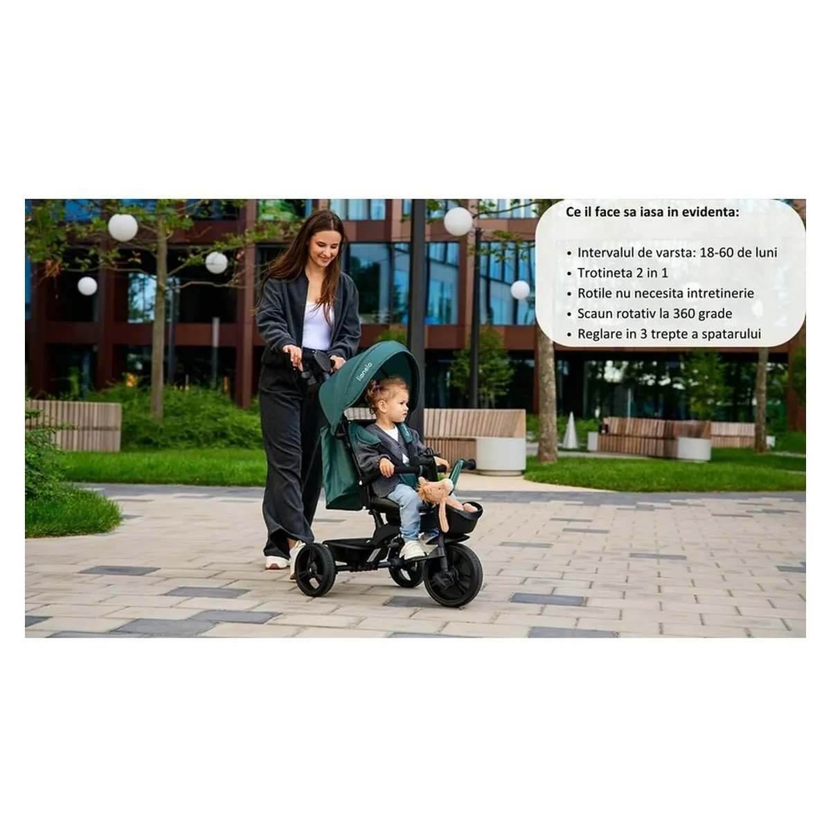 Lionelo - Tricicleta Kori, Cu suport de picioare, Control al directiei, Scaun reversibil, Rotire 360 grade, Pliabila, Conform cu standardul european de securitate EN71, Blue Navy [33]