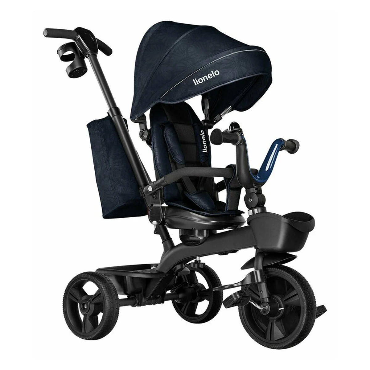 Lionelo - Tricicleta Kori, Cu suport de picioare, Control al directiei, Scaun reversibil, Rotire 360 grade, Pliabila, Conform cu standardul european de securitate EN71, Blue Navy [8]