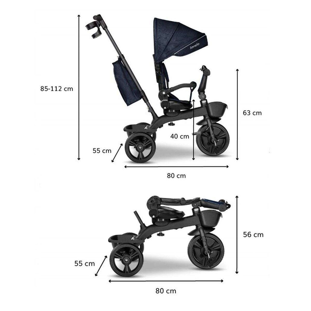 Lionelo - Tricicleta Kori, Cu suport de picioare, Control al directiei, Scaun reversibil, Rotire 360 grade, Pliabila, Conform cu standardul european de securitate EN71, Blue Navy [32]