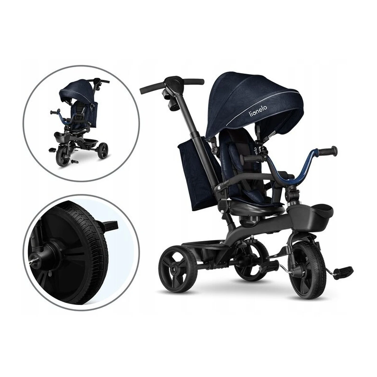 Lionelo - Tricicleta Kori, Cu suport de picioare, Control al directiei, Scaun reversibil, Rotire 360 grade, Pliabila, Conform cu standardul european de securitate EN71, Blue Navy [28]
