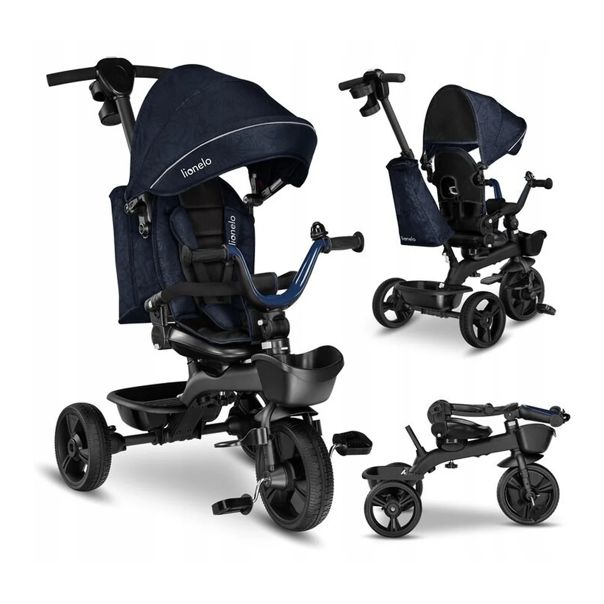 Lionelo - Tricicleta Kori, Cu suport de picioare, Control al directiei, Scaun reversibil, Rotire 360 grade, Pliabila, Conform cu standardul european de securitate EN71, Blue Navy [3]