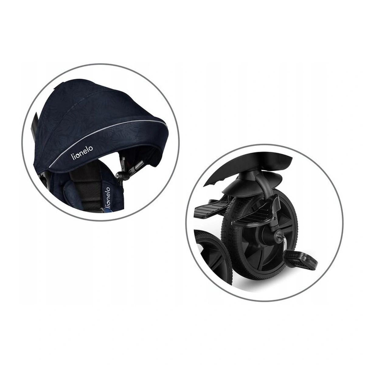 Lionelo - Tricicleta Kori, Cu suport de picioare, Control al directiei, Scaun reversibil, Rotire 360 grade, Pliabila, Conform cu standardul european de securitate EN71, Blue Navy [29]