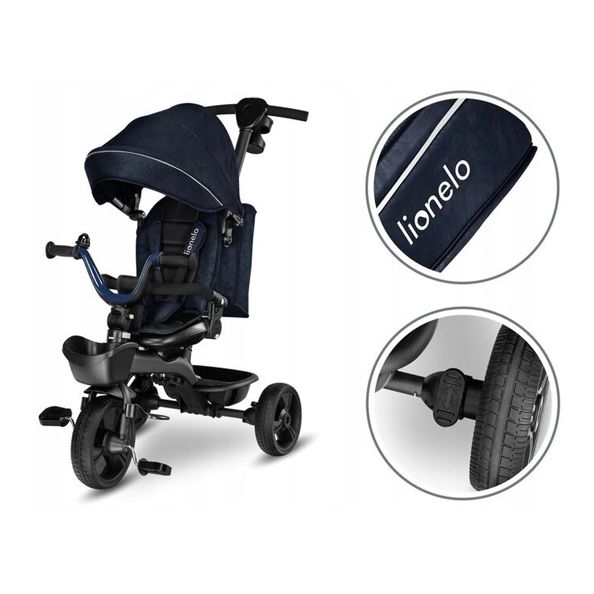 Lionelo - Tricicleta Kori, Cu suport de picioare, Control al directiei, Scaun reversibil, Rotire 360 grade, Pliabila, Conform cu standardul european de securitate EN71, Blue Navy [26]