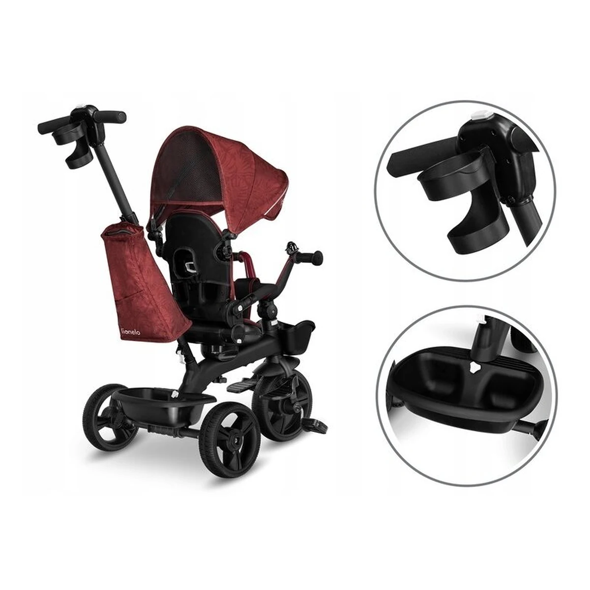 Lionelo - Tricicleta Kori, Cu suport de picioare, Control al directiei, Scaun reversibil, Rotire 360 grade, Pliabila, Conform cu standardul europeane de securitate EN71, Red Burgundy [32]