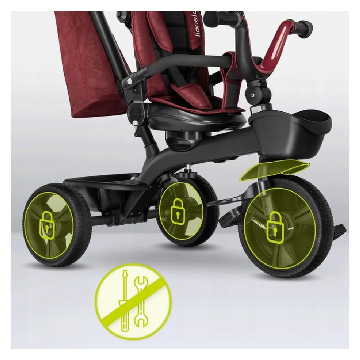 Lionelo - Tricicleta Kori, Cu suport de picioare, Control al directiei, Scaun reversibil, Rotire 360 grade, Pliabila, Conform cu standardul europeane de securitate EN71, Red Burgundy [36]