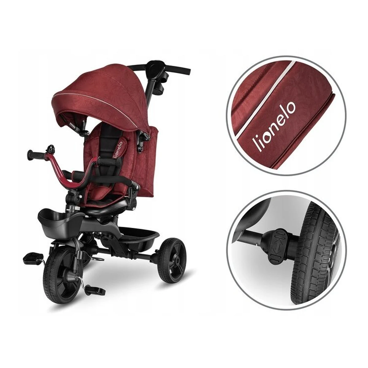 Lionelo - Tricicleta Kori, Cu suport de picioare, Control al directiei, Scaun reversibil, Rotire 360 grade, Pliabila, Conform cu standardul europeane de securitate EN71, Red Burgundy [27]