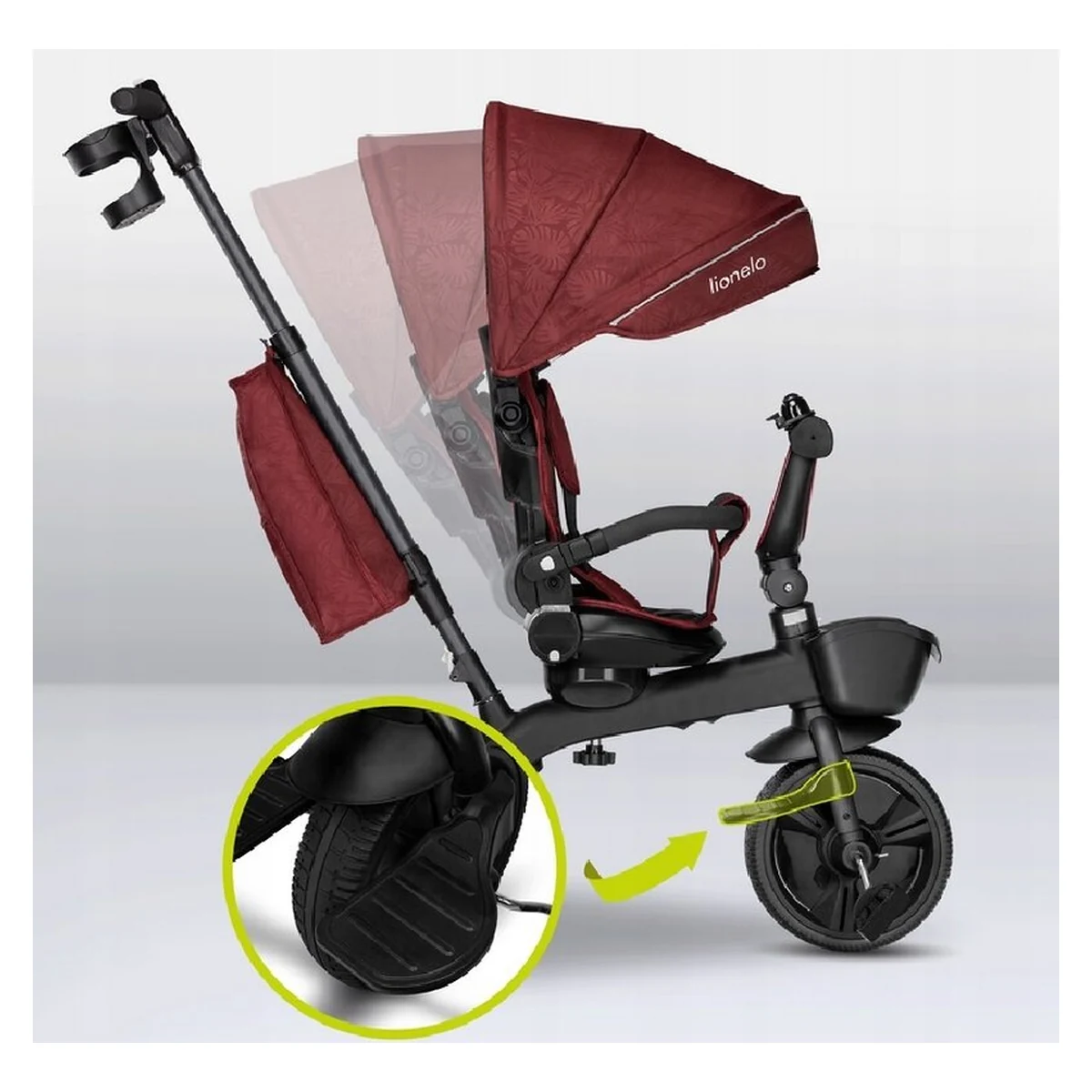 Lionelo - Tricicleta Kori, Cu suport de picioare, Control al directiei, Scaun reversibil, Rotire 360 grade, Pliabila, Conform cu standardul europeane de securitate EN71, Red Burgundy [34]