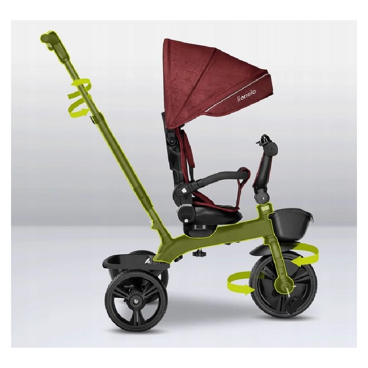 Lionelo - Tricicleta Kori, Cu suport de picioare, Control al directiei, Scaun reversibil, Rotire 360 grade, Pliabila, Conform cu standardul europeane de securitate EN71, Red Burgundy [35]