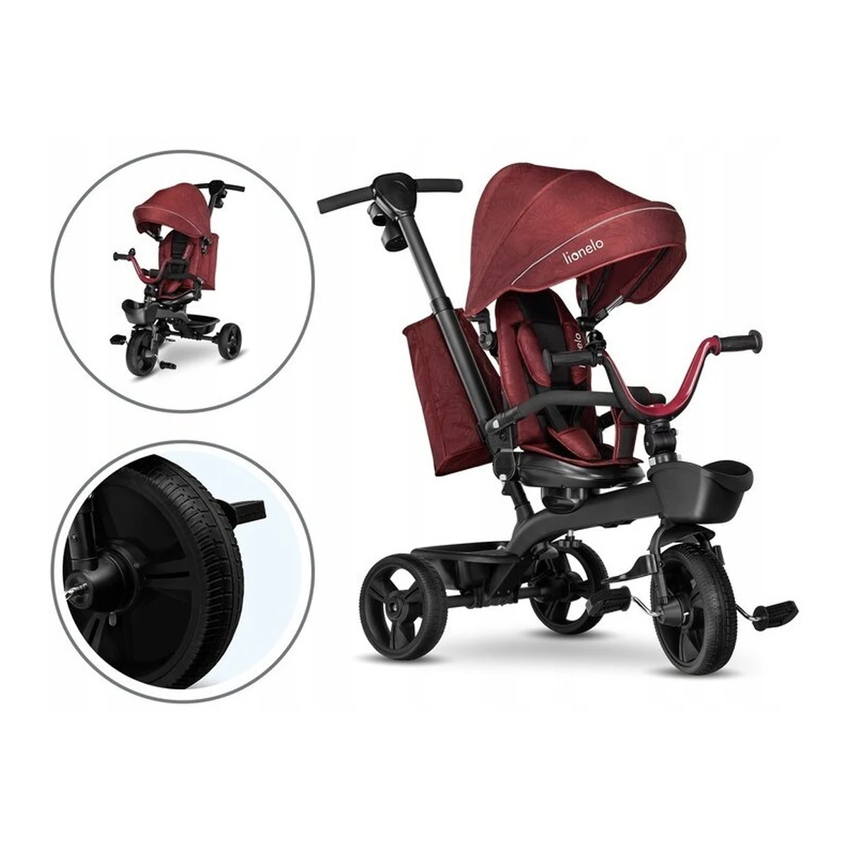 Lionelo - Tricicleta Kori, Cu suport de picioare, Control al directiei, Scaun reversibil, Rotire 360 grade, Pliabila, Conform cu standardul europeane de securitate EN71, Red Burgundy [31]