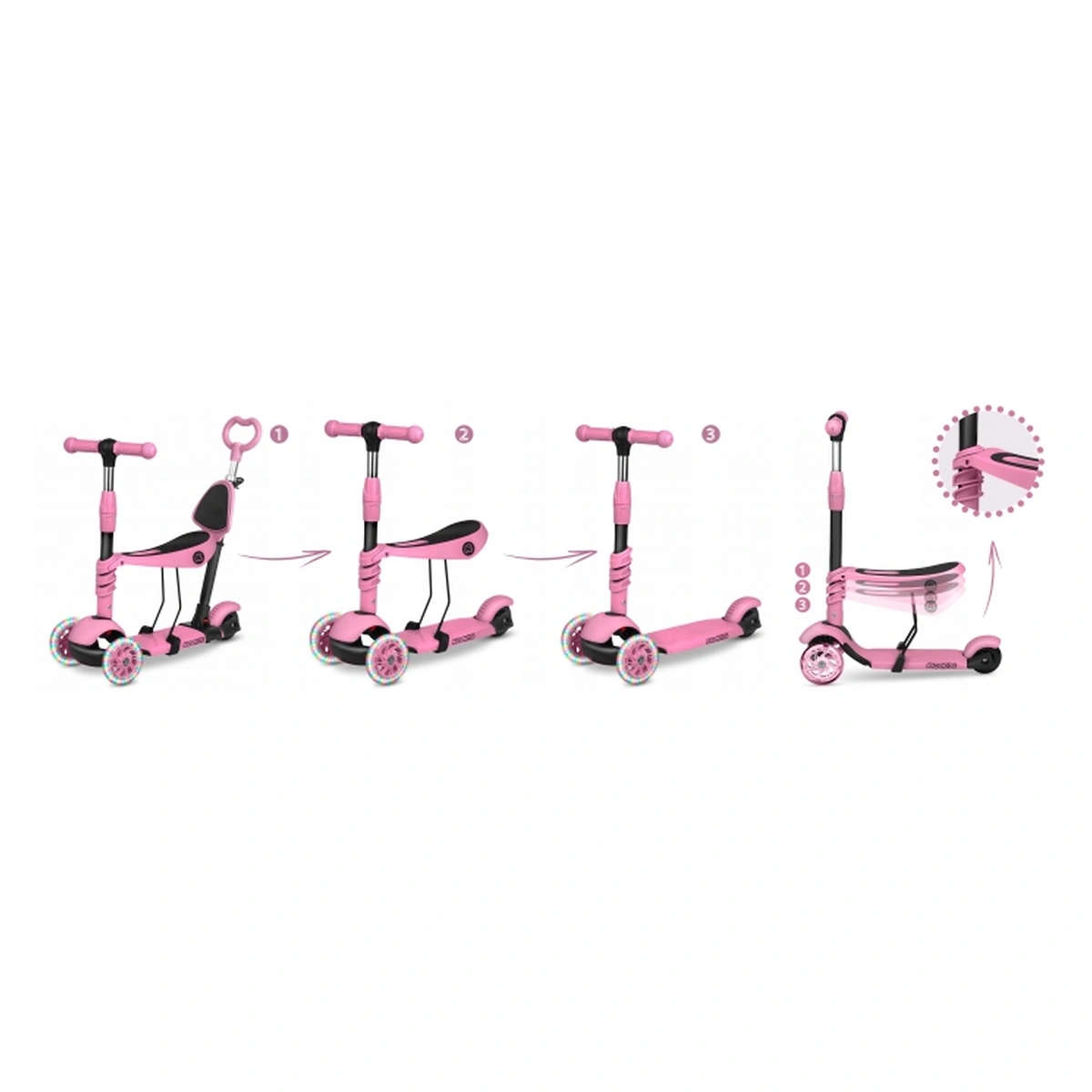 Trotineta 3 in 1 copii Ricokids Todi – Roz, roti LED  Meta descriere: [2]
