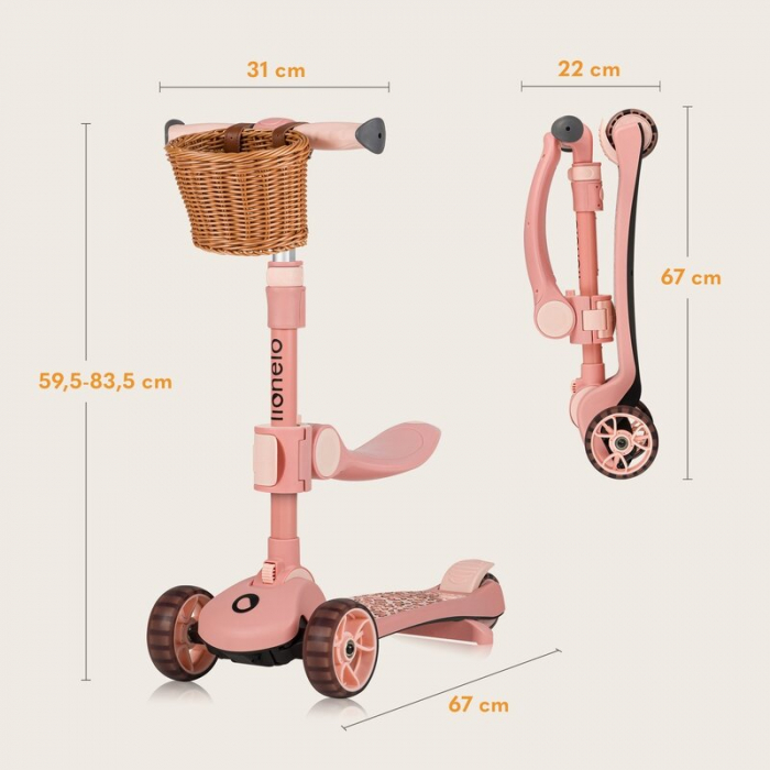 Trotineta, Lionelo, Franky, Pliabila, Pana la 50 kg, Sezut detasabil, Roti cu LED, 12 luni+, Pink Rose [26]