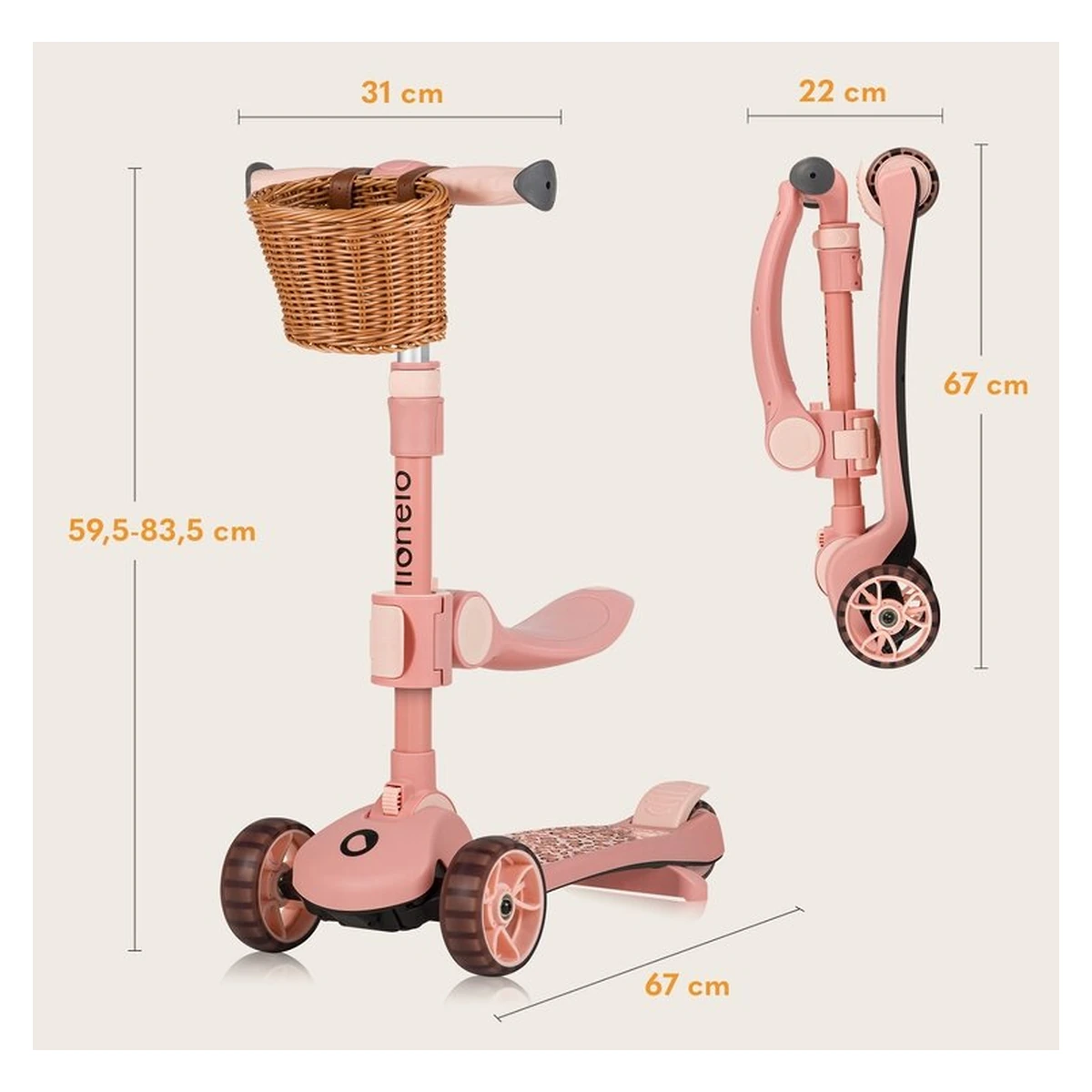 Trotineta, Lionelo, Franky, Pliabila, Pana la 50 kg, Sezut detasabil, Roti cu LED, 12 luni+, Pink Rose [27]