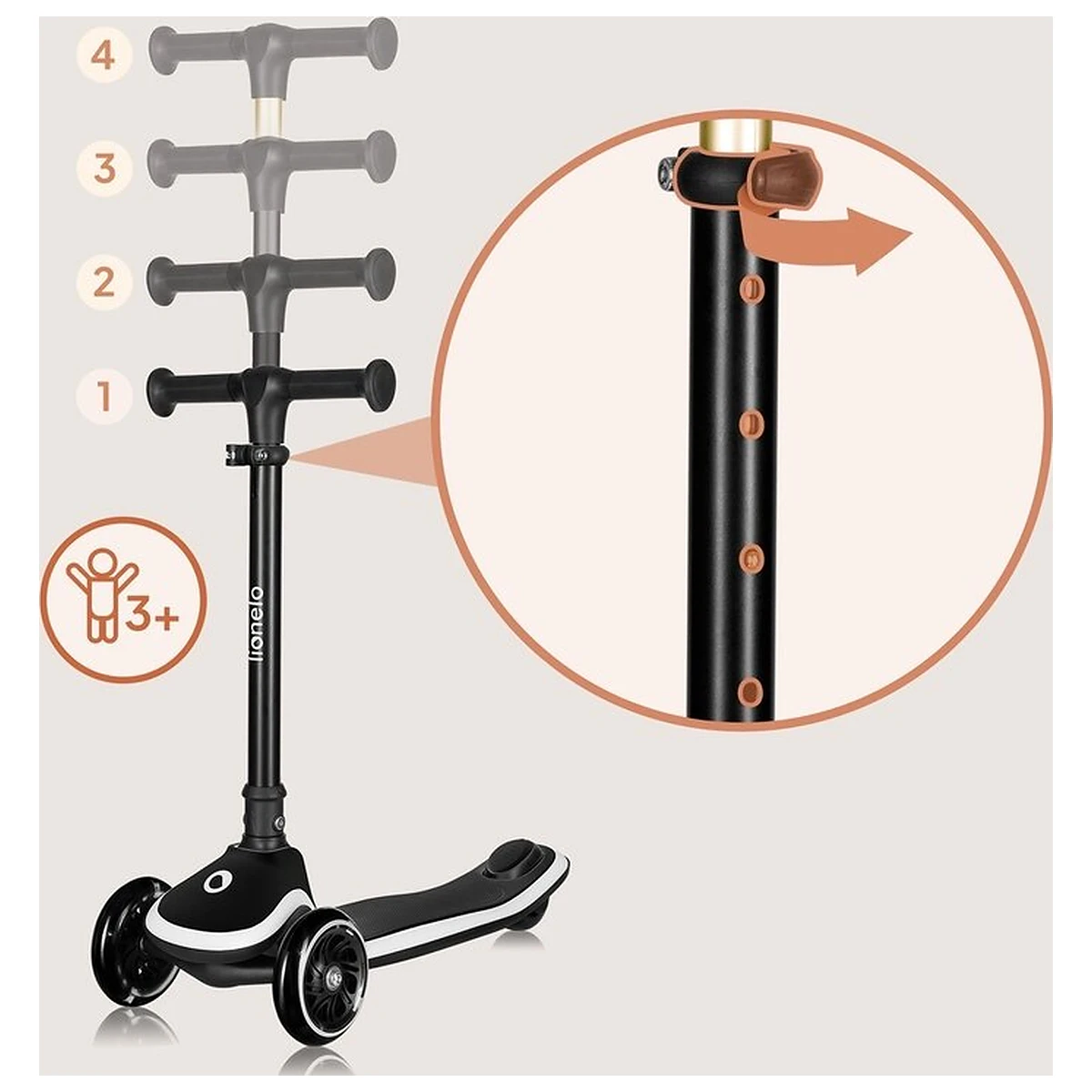 Trotineta pentru copii, Lionelo, Mey, Ultrapliabila, Cu lumini si cosulet, Maner ajustabil pe inaltime, 3 ani+, Pana la 50 Kg, Ultra usor, 2.8 kg, Certificata Intertek, Negru [8]