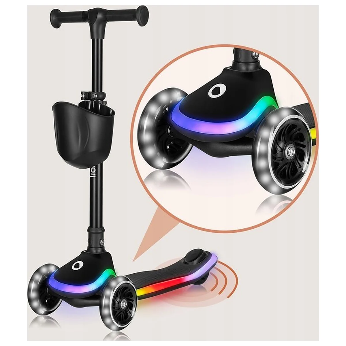 Trotineta pentru copii, Lionelo, Mey, Ultrapliabila, Cu lumini si cosulet, Maner ajustabil pe inaltime, 3 ani+, Pana la 50 Kg, Ultra usor, 2.8 kg, Certificata Intertek, Negru [9]