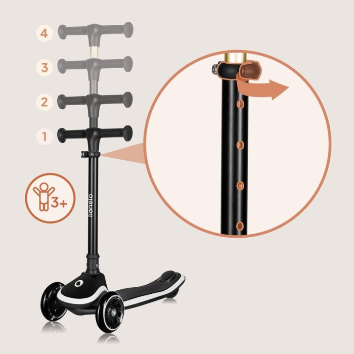 Trotineta pentru copii, Lionelo, Mey, Ultrapliabila, Cu lumini si cosulet, Maner ajustabil pe inaltime, 3 ani+, Pana la 50 Kg, Ultra usor, 2.8 kg, Certificata Intertek, Negru [24]