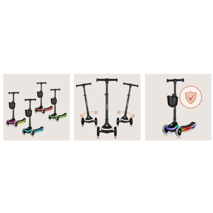 Trotineta pentru copii, Lionelo, Mey, Ultrapliabila, Cu lumini si cosulet, Maner ajustabil pe inaltime, 3 ani+, Pana la 50 Kg, Ultra usor, 2.8 kg, Certificata Intertek, Negru [32]