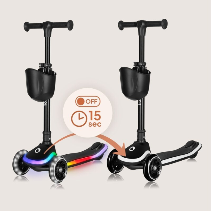 Trotineta pentru copii, Lionelo, Mey, Ultrapliabila, Cu lumini si cosulet, Maner ajustabil pe inaltime, 3 ani+, Pana la 50 Kg, Ultra usor, 2.8 kg, Certificata Intertek, Negru [18]