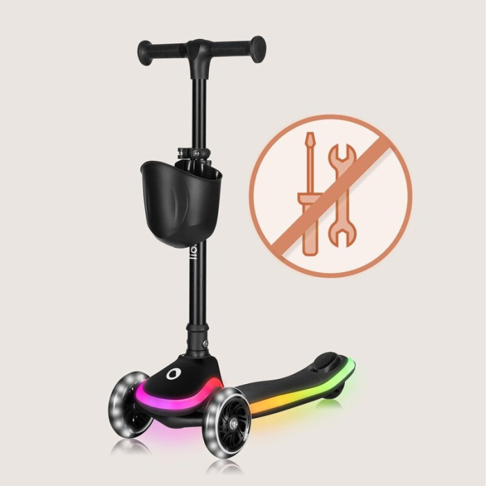 Trotineta pentru copii, Lionelo, Mey, Ultrapliabila, Cu lumini si cosulet, Maner ajustabil pe inaltime, 3 ani+, Pana la 50 Kg, Ultra usor, 2.8 kg, Certificata Intertek, Negru [22]