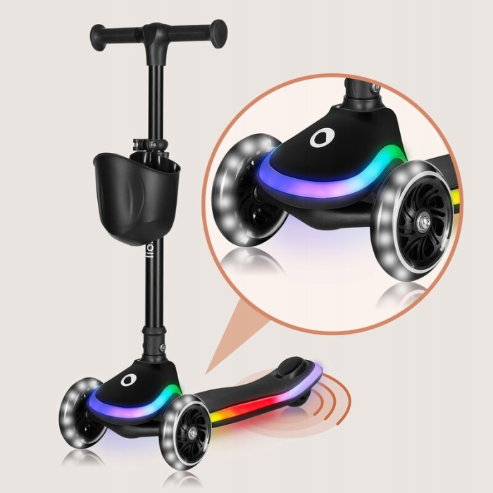 Trotineta pentru copii, Lionelo, Mey, Ultrapliabila, Cu lumini si cosulet, Maner ajustabil pe inaltime, 3 ani+, Pana la 50 Kg, Ultra usor, 2.8 kg, Certificata Intertek, Negru [26]