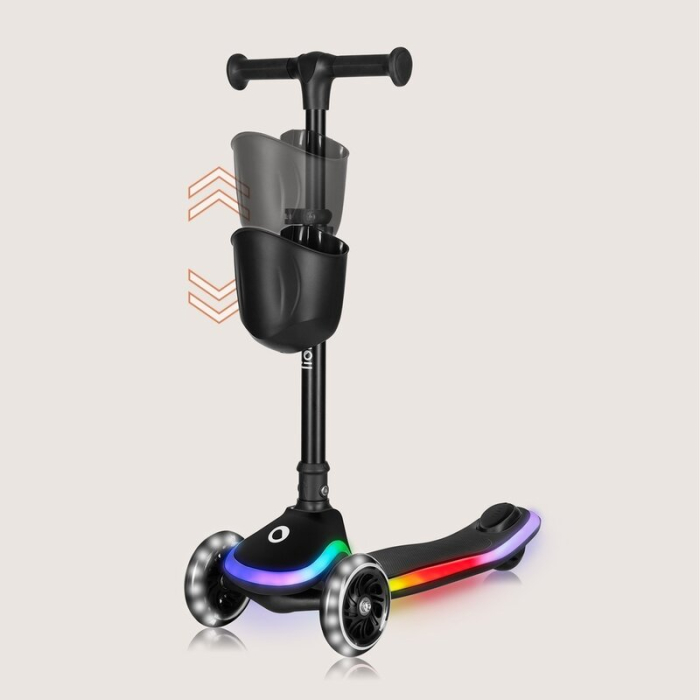 Trotineta pentru copii, Lionelo, Mey, Ultrapliabila, Cu lumini si cosulet, Maner ajustabil pe inaltime, 3 ani+, Pana la 50 Kg, Ultra usor, 2.8 kg, Certificata Intertek, Negru [21]