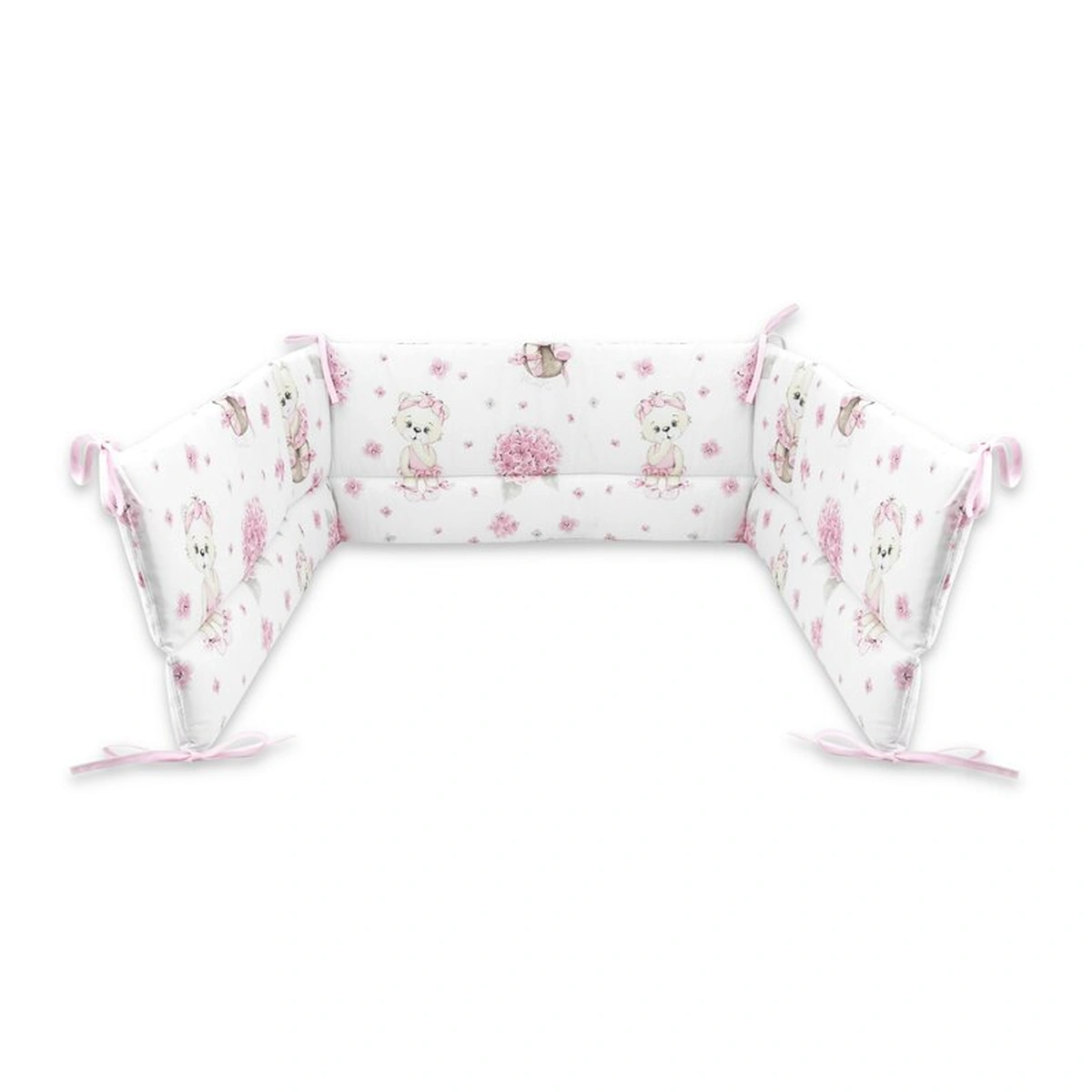 Somnul celor mici - Aparatoare pentru patut, MimiNu, bumbac, 180x30 cm, Cu volanase si panglici, Pink Ballerina