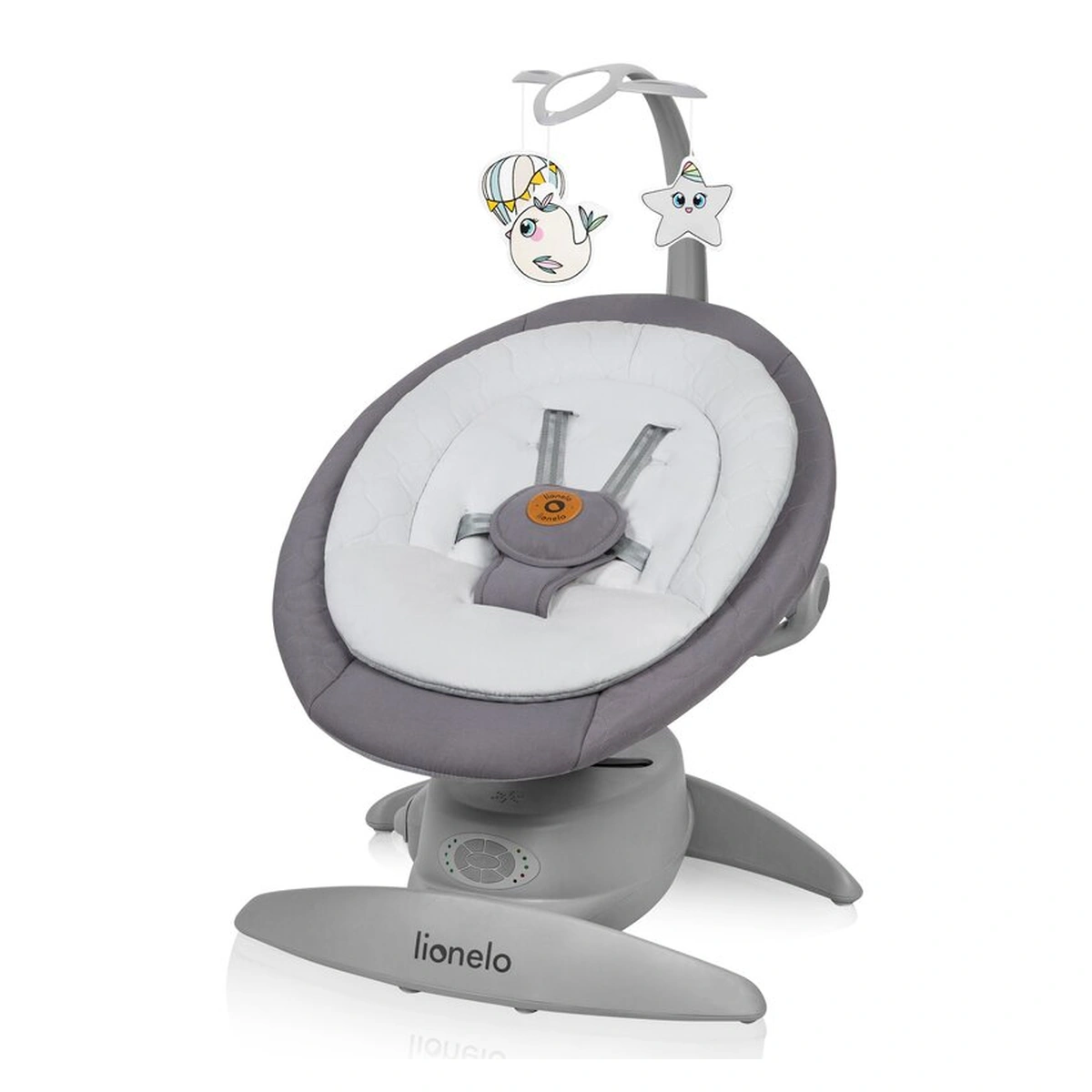 Balansoare si leagane bebelusi - Balansoar, Lionelo, Mell, 2 in 1, Rotire 360 grade, Electric, Cu 3 moduri de leganare, Cu 5 trepte de viteza, Cu 3 pozitii de inclinare, Cu timer, 12 melodii si 2 sunete ale naturii, Pana la 9 kg, Gri