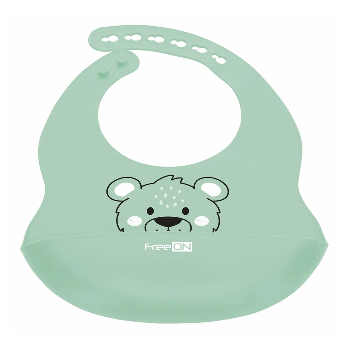 Ora mesei - Baveta, FreeON, Moale, Din silicon, Fara BPA, Cu buzunar, 31 x 24 cm, Bear Green