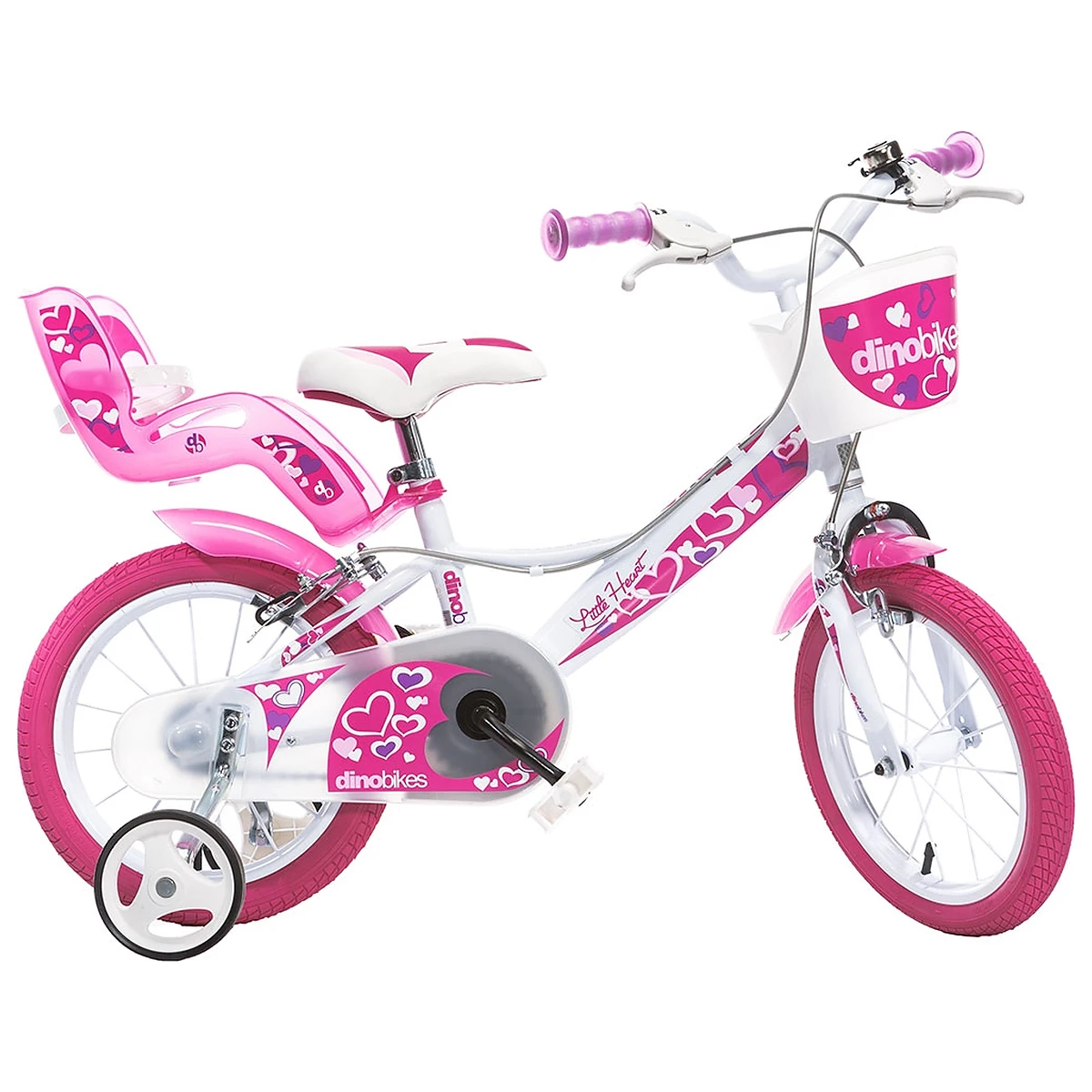 La plimbare - Bicicleta copii 16", 6-8 ani, Dino Bikes Little Heart alb si roz