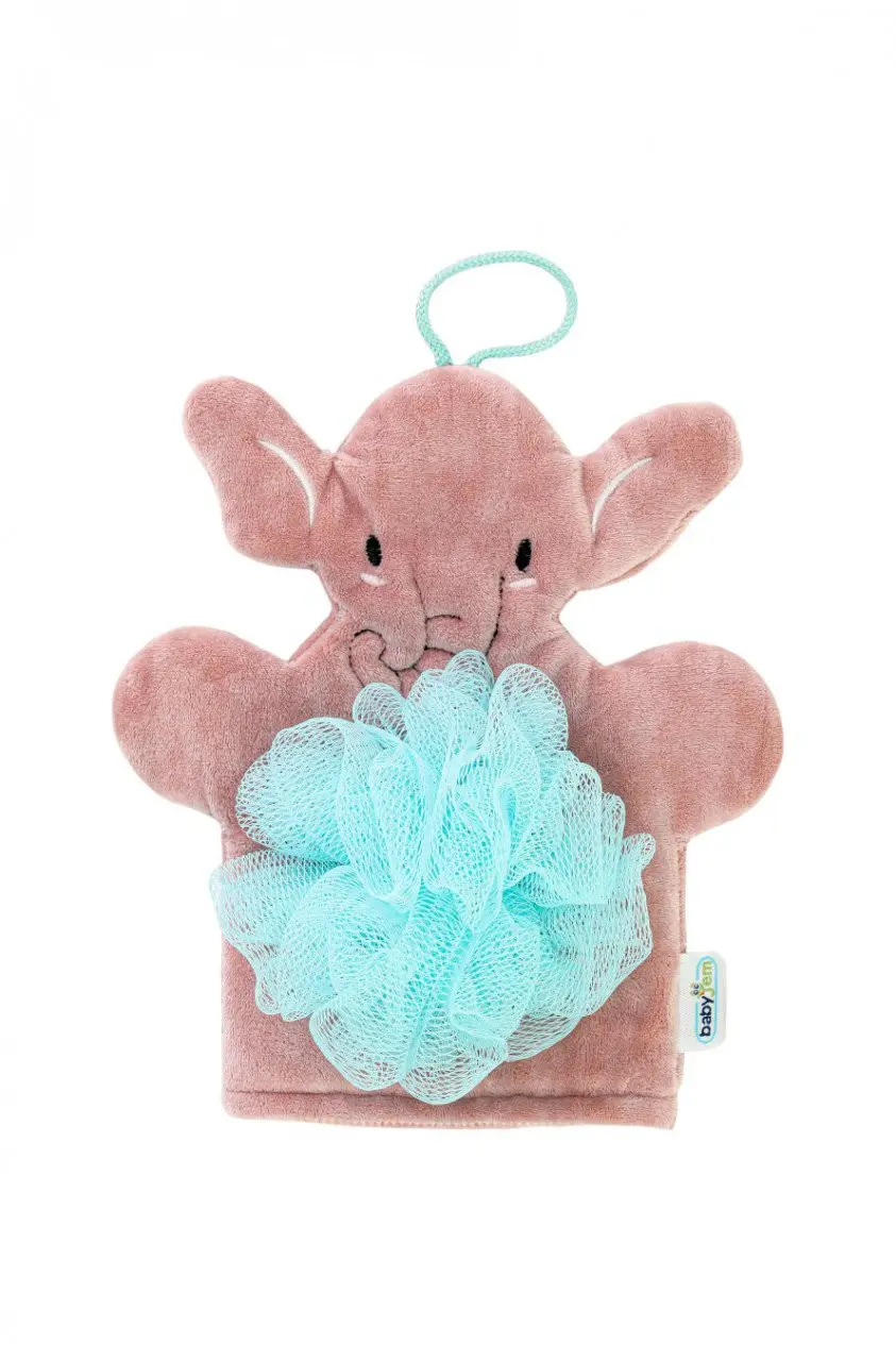 Accesorii pentru baita - Buretel de baie tip manusa Elefantel Roz, BabyJem, 9x11 cm