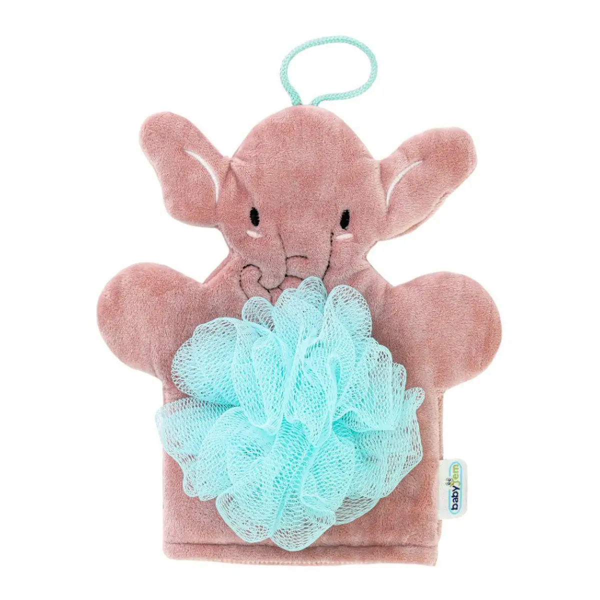 Baita celor mici - Buretel de baie tip manusa Elefantel Roz, BabyJem, 9x11 cm