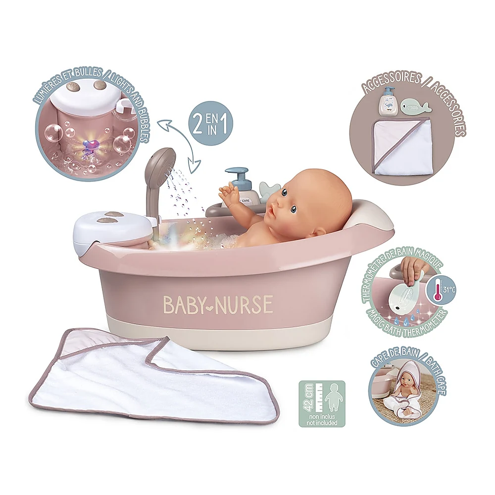 Cadita pentru papusa Smoby Baby Nurse Baleno Bath roz cu accesorii [2]