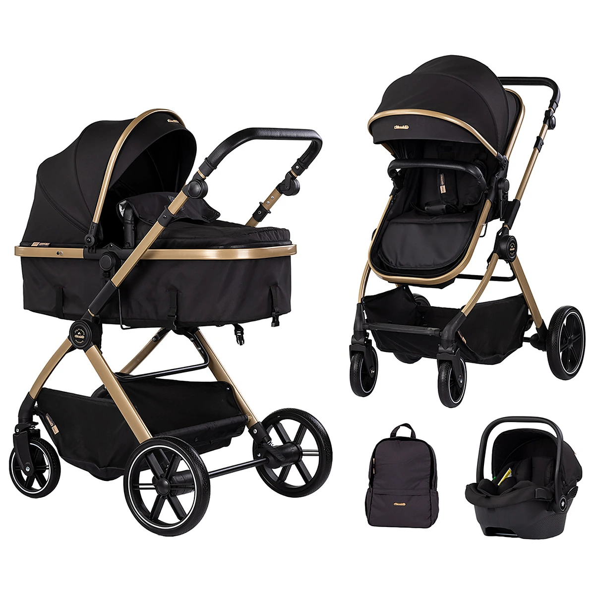 La plimbare - Carucior Chipolino Pearl 3 in 1, Cu scoica auto, Sezut reversibil, Husa de picioare, Gentuta parinti, Pana la 22 kg, Noir