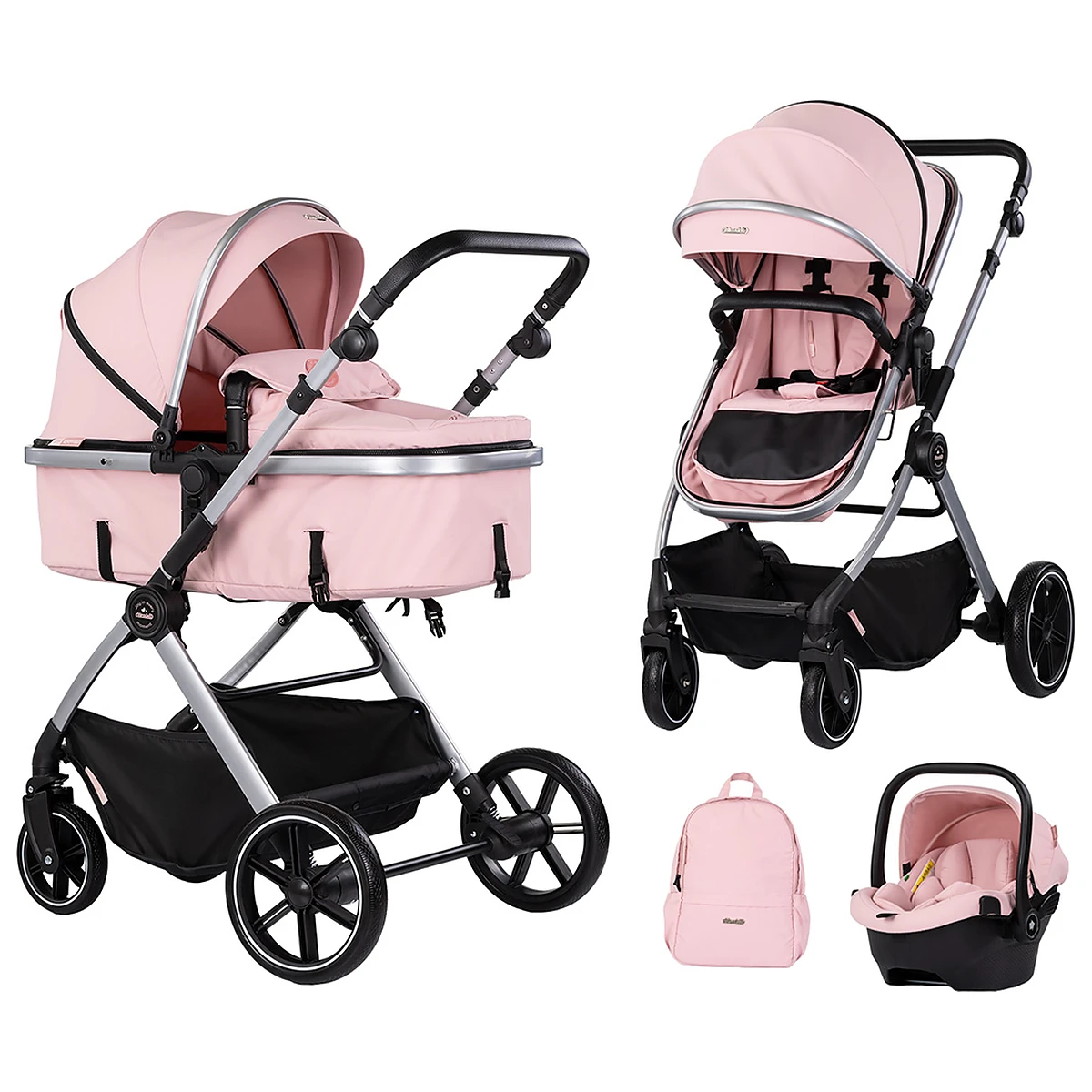 La plimbare - Carucior Chipolino Pearl 3 in 1, Cu scoica auto, Sezut reversibil, Husa de picioare, Gentuta parinti, Pana la 22 kg, Powder pink