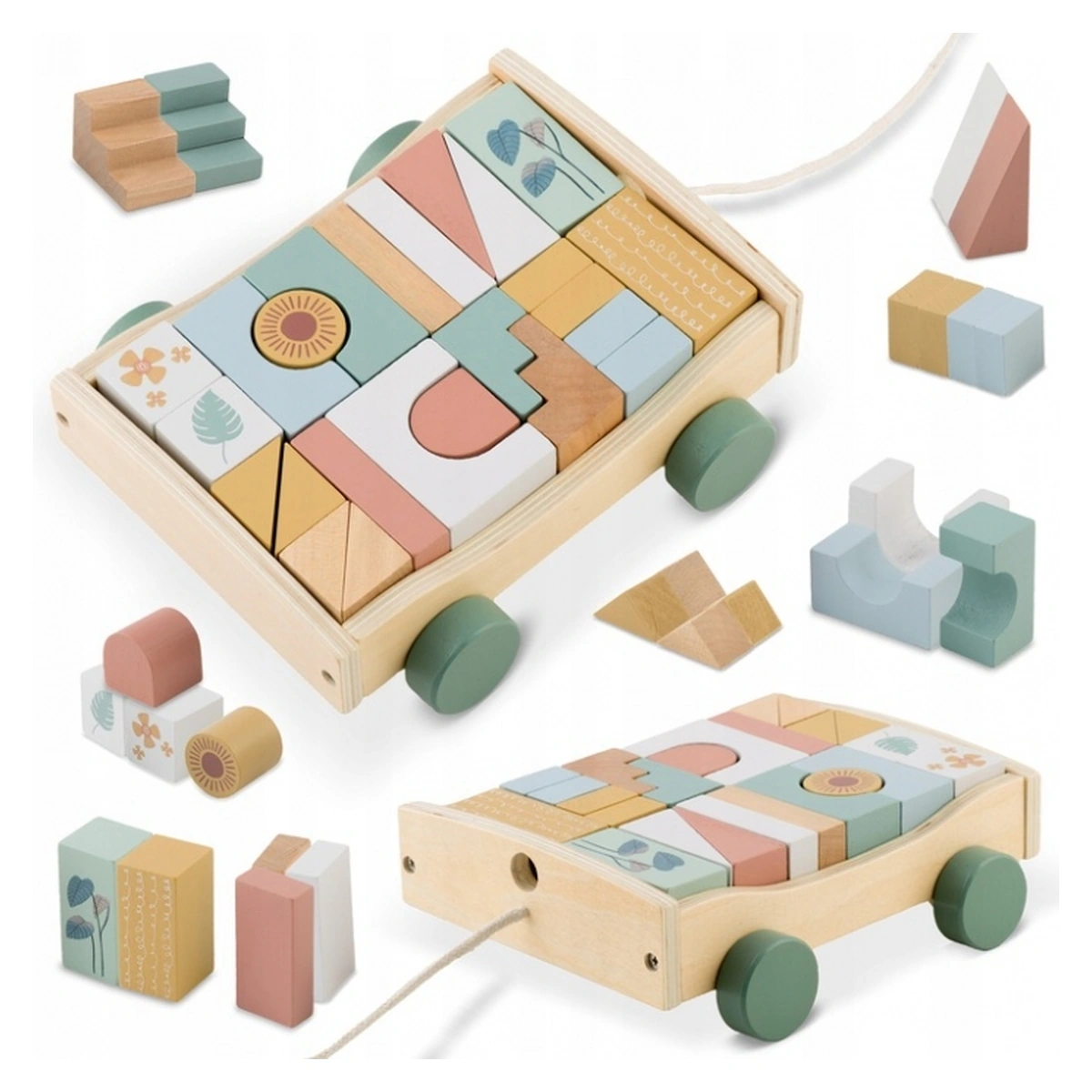 Jucarii de tras impins - Carucior din lemn cu blocuri din lemn incluse, 20.5 x 17.5 x 6 cm, Nukido