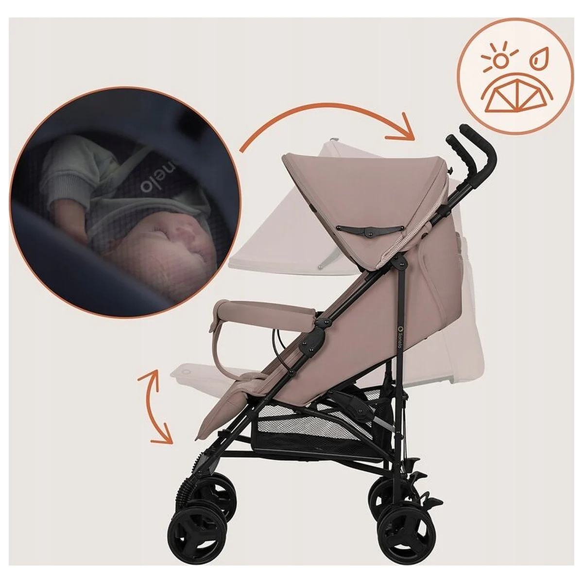 Carucior sport, Lionelo, Elia, Cu plasa de tantari, Suport de picioare reglabil, Spatar ajustabil in 4 pozitii, Capotina XXL, Pliere tip umbrela, Capacitate 15 kg, 6 luni+, Bej Taupe [14]