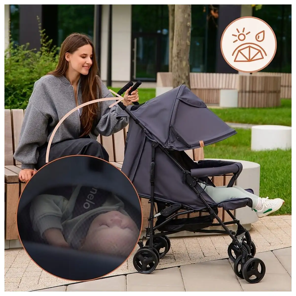 Carucior sport, Lionelo, Elia, Cu plasa de tantari, Suport de picioare reglabil, Spatar ajustabil in 4 pozitii, Capotina XXL, Pliere tip umbrela, Capacitate 15 kg, 6 luni+, Maro [16]