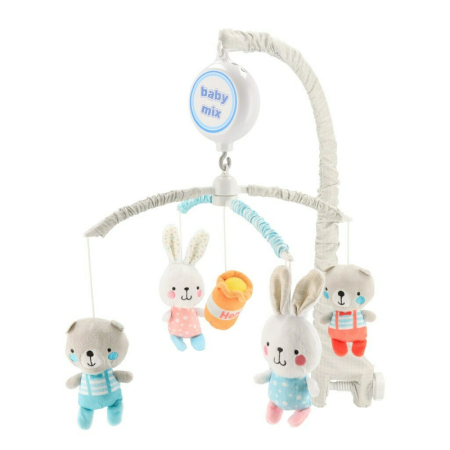 Jucarii pentru patut si carucior - Carusel muzical, BabyMix, Pentru patut, Cu 5 jucarii din plus, Bears and rabbits 0 luni+